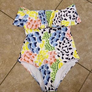 Off the shoulder one piece floral swim multi color